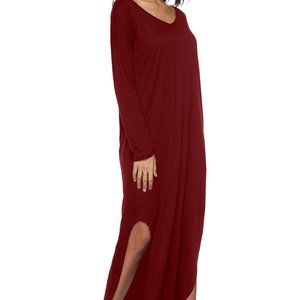 Women's Burgandy V Neck Long Sleeve Loose Dress